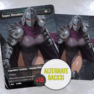 May include: Two trading cards featuring a stylized illustration of Super Shredder, a legendary creature. The cards depict a character in silver armor and a purple cape. The text "Super Shredder" is visible on the card. A circular graphic reads "ALTERNATE BACKS!" and "+18".