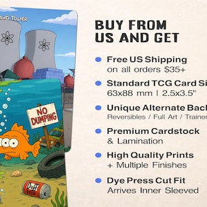 Op de afbeelding: Twee ruilkaarten met cartoonillustraties. E&eacute;n kaart toont een kerncentrale, de andere een onderwaterwereld met een vis en een "No Dumping"-bord. Tekst op de kaarten bevat "Command Tower" en "Duff Beer".