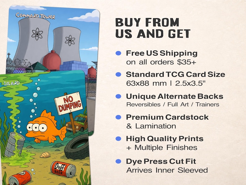 Op de afbeelding: Twee ruilkaarten met cartoonillustraties. E&eacute;n kaart toont een kerncentrale, de andere een onderwaterwereld met een vis en een "No Dumping"-bord. Tekst op de kaarten bevat "Command Tower" en "Duff Beer".