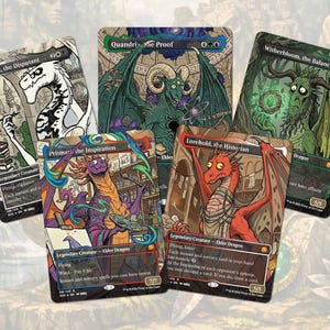 May include: Five Magic: The Gathering trading cards featuring colorful illustrations of dragons. Each card has a unique dragon design with text including "Silverquill, the Disputant", "Quandrix the Proof", and "Witherbloom, the Balancer".