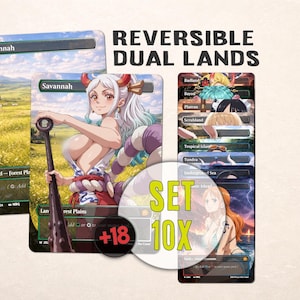 May include: A collection of reversible dual lands trading cards. The cards feature illustrations of anime characters and landscapes. The text "REVERSIBLE DUAL LANDS" and "SET 10X" are visible. The cards are designed for collectible card games.