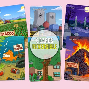 May include: Six reversible cards featuring cartoon illustrations. Scenes include a tobacco field, a nuclear plant, a swamp, a mountain of tires, and an underwater scene with a fish. The text "6 CARDS REVERSIBLE" is also visible.