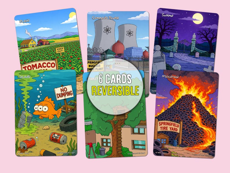 Op de afbeelding: Zes omkeerbare kaarten met cartoon illustraties. Sc&egrave;nes zijn onder meer een tabaksveld, een kerncentrale, een moeras, een berg banden en een onderwater sc&egrave;ne met een vis. De tekst "6 CARDS REVERSIBLE" is ook zichtbaar.