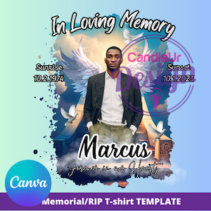 May include: A memorial t-shirt template featuring a man in a suit and tie, with angel wings behind him. The text "In Loving Memory" is at the top, with the dates "10.2.1974" and "10.1.2023" below. The name "Marcus" is written in large letters below the man's image, with the text "Forever in our Hearts" below that. The template is designed for use as a memorial or RIP t-shirt.