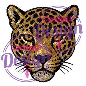 May include: A sequined leopard head design with gold, black, and silver sequins. The leopard's face is detailed with black whiskers and eyes. The design is set against a white background with purple text and a purple circle.