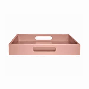 May include: A rectangular serving tray in a soft, muted rose color. The tray has a smooth, glossy finish and two rectangular cut-out handles on the sides. The tray is designed for serving food or drinks.