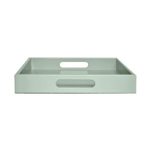 May include: A rectangular, light green serving tray with two handle cutouts. The tray has a smooth, glossy finish and is designed for carrying items. The tray is a versatile home decor item.