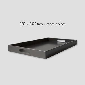 May include: A rectangular black tray with integrated cutout handles on the shorter sides. The tray features a smooth, solid-colored surface and measures 18 inches by 30 inches as indicated by the text 18" x 30" tray - more colors.