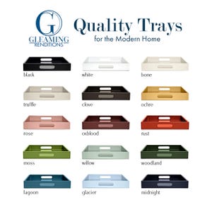 May include: A collection of rectangular serving trays with cutout handles, displayed in fifteen distinct colors including black, white, bone, truffle, clove, ochre, rose, oxblood, rust, moss, willow, woodland, lagoon, glacier, and midnight blue.
