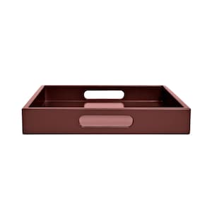 May include: A rectangular serving tray in a muted reddish-brown hue. The tray features a glossy finish and integrated handles on the sides. The design is simple and modern, suitable for serving food or displaying items.
