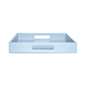May include: A rectangular, light blue serving tray with two rectangular cut-out handles. The tray has a glossy finish and a simple, modern design, suitable for serving food or displaying items.