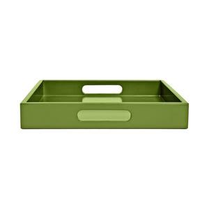 May include: A rectangular olive green serving tray with a smooth, glossy finish. The tray features a flat base, low vertical sides, and two integrated oval-shaped cutout handles on the front and back panels for easy carrying and handling.