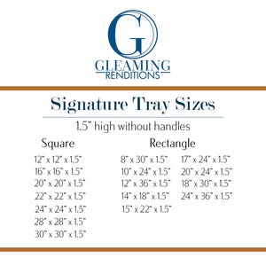 Może przedstawiać: Białe tło z logo i tekstem "Signature Tray Sizes". Rozmiary są podane w calach dla kwadratowych i prostokątnych tac, o wymiarach od 20.3cm x 76.2cm do 76.2cm x 76.2cm. Tace mają 3.8cm wysokości bez uchwyt&oacute;w.