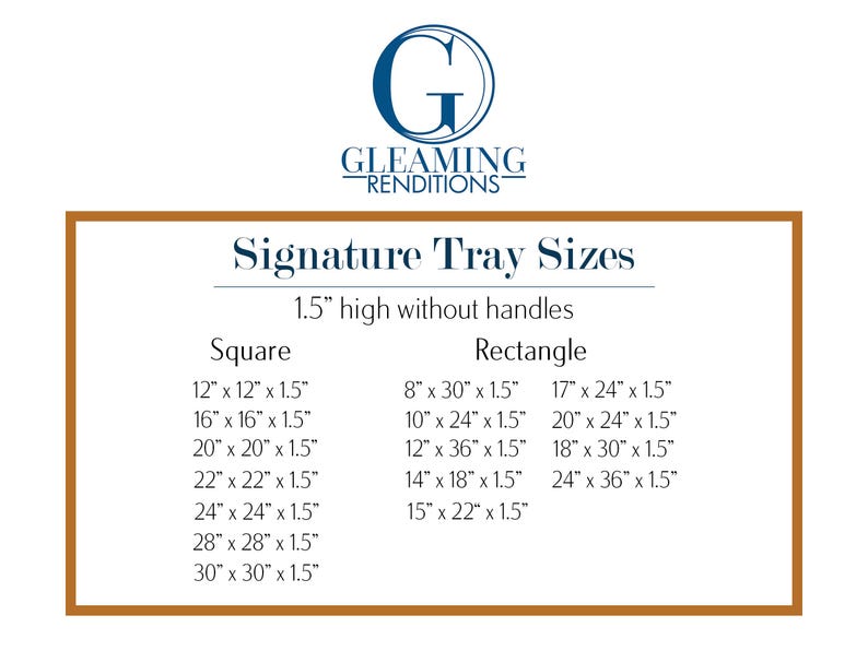 Może przedstawiać: Białe tło z logo i tekstem "Signature Tray Sizes". Rozmiary są podane w calach dla kwadratowych i prostokątnych tac, o wymiarach od 20.3cm x 76.2cm do 76.2cm x 76.2cm. Tace mają 3.8cm wysokości bez uchwyt&oacute;w.