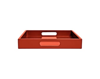 Burnt Orange Wood Tray with Handles: Terracotta Colored Coffee Table Decor.
