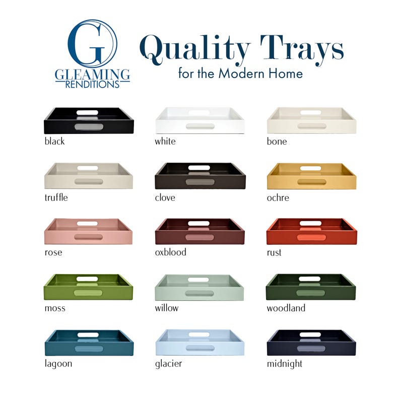 May include: A collection of fifteen rectangular serving trays with cutout handles, displayed in a grid. The trays are labeled with colors including black, white, bone, truffle, clove, ochre, rose, oxblood, rust, moss, willow, woodland, lagoon, glacier, and midnight.