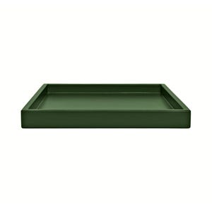 May include: A square, dark green tray with a low profile. The tray has a simple, minimalist design and is made of a solid material. The edges are slightly raised to contain items. The tray is suitable for serving or organizing items.