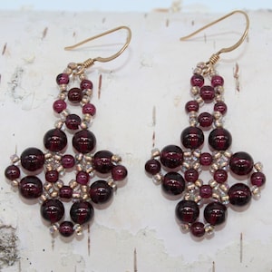 Garnet handmade earrings, gemstone earrings, gold filled posts with gold lined seed beads, gold and garnet earrings