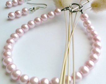 Handmade Pink Glass Pearl Bracelet and Earring Set: Sterling Silver Clasp