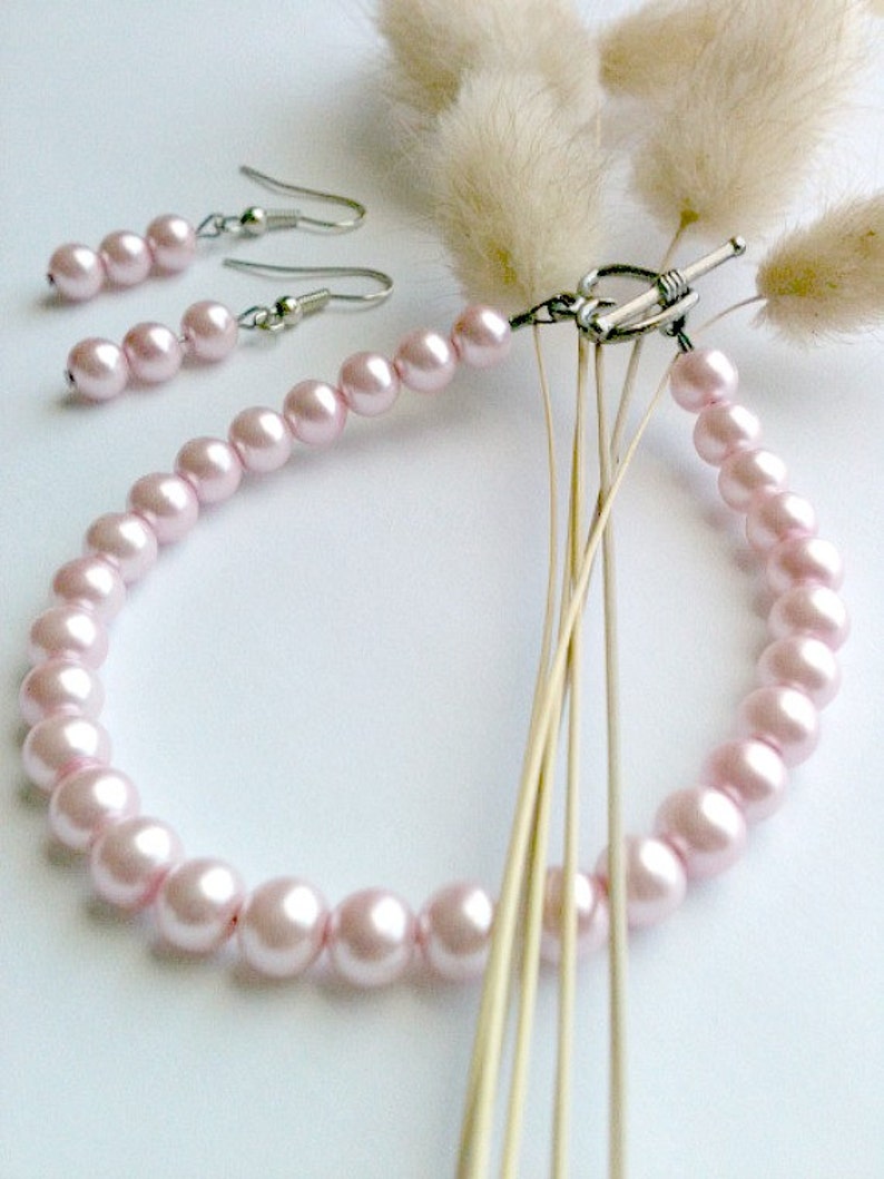Pink Pearl Bracelet and Earring Set Handmade, Gift for Her image 1