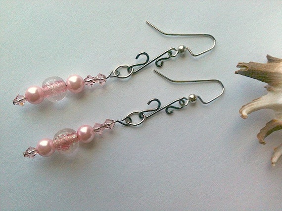Dainty Handmade Pink Pearl Earrings, Dangle Earrings Wire Wrapped