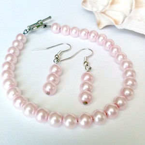 Pink Pearl Bracelet and Earring Set Handmade, Gift for Her image 3