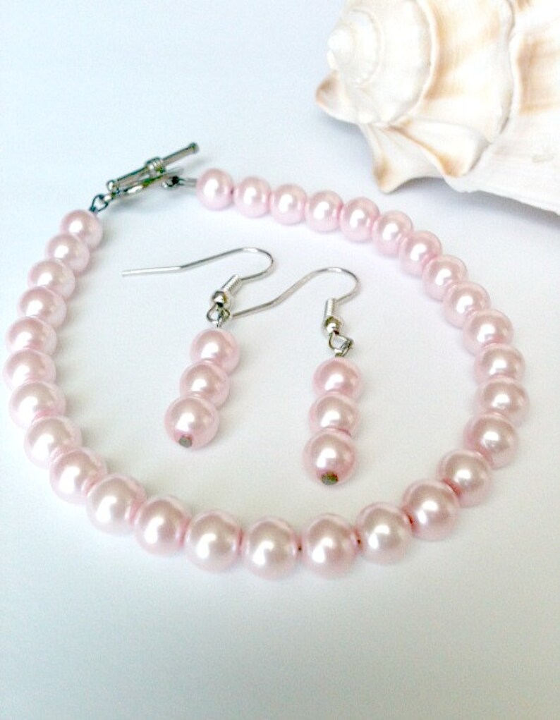 Pink Pearl Bracelet and Earring Set Handmade, Gift for Her image 3