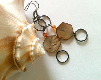 Brown Dangle Earrings With Silver Ring and Orange Swarovski Crystal Elements