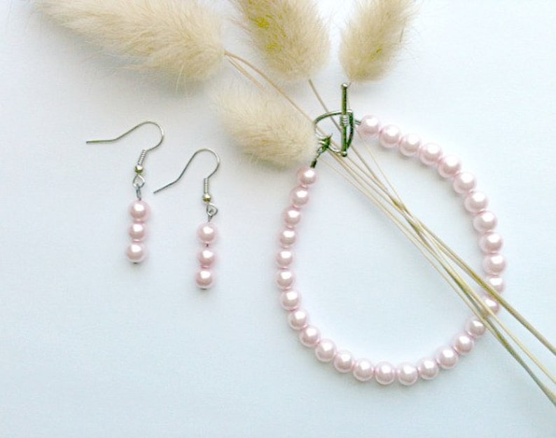 Pink Pearl Bracelet and Earring Set Handmade, Gift for Her image 5