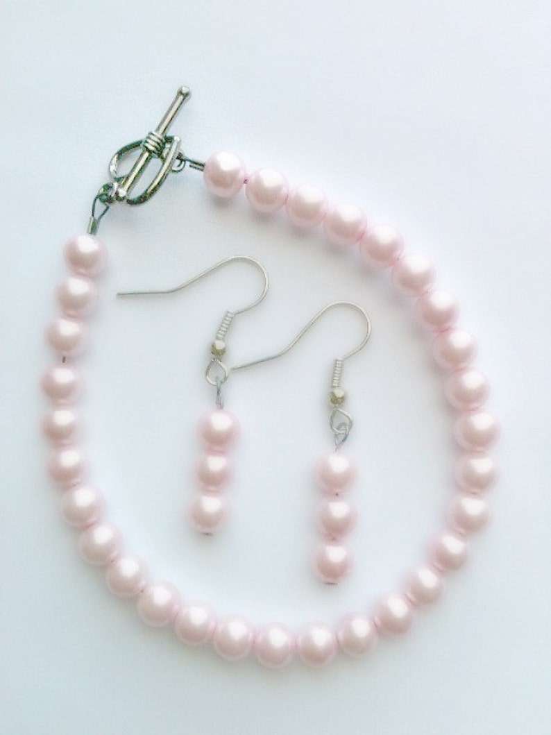 Pink Pearl Bracelet and Earring Set Handmade, Gift for Her image 4