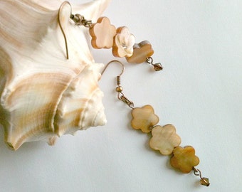 Brown Shell Flower Earrings With Swarovski Crystals