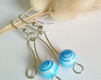 Blue Bead and Wire Wrapped Earrings