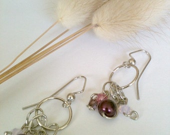 Silver Dangle Handmade Earrings With Plum Bead and Swarovski Crystals