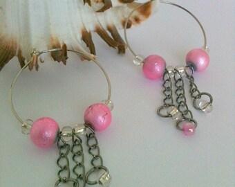 Handmade Pink Beaded Chandelier Hoop Earrings