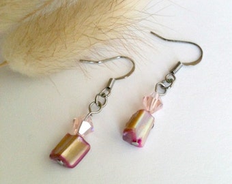 Pink Dangle Earrings With Pink Swarovski Crystal And Chunky Cut Beads, Handmade