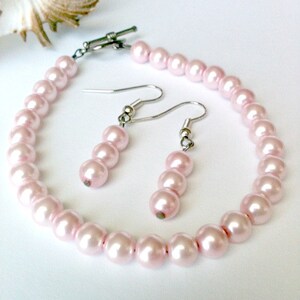 Pink Pearl Bracelet and Earring Set Handmade, Gift for Her image 2