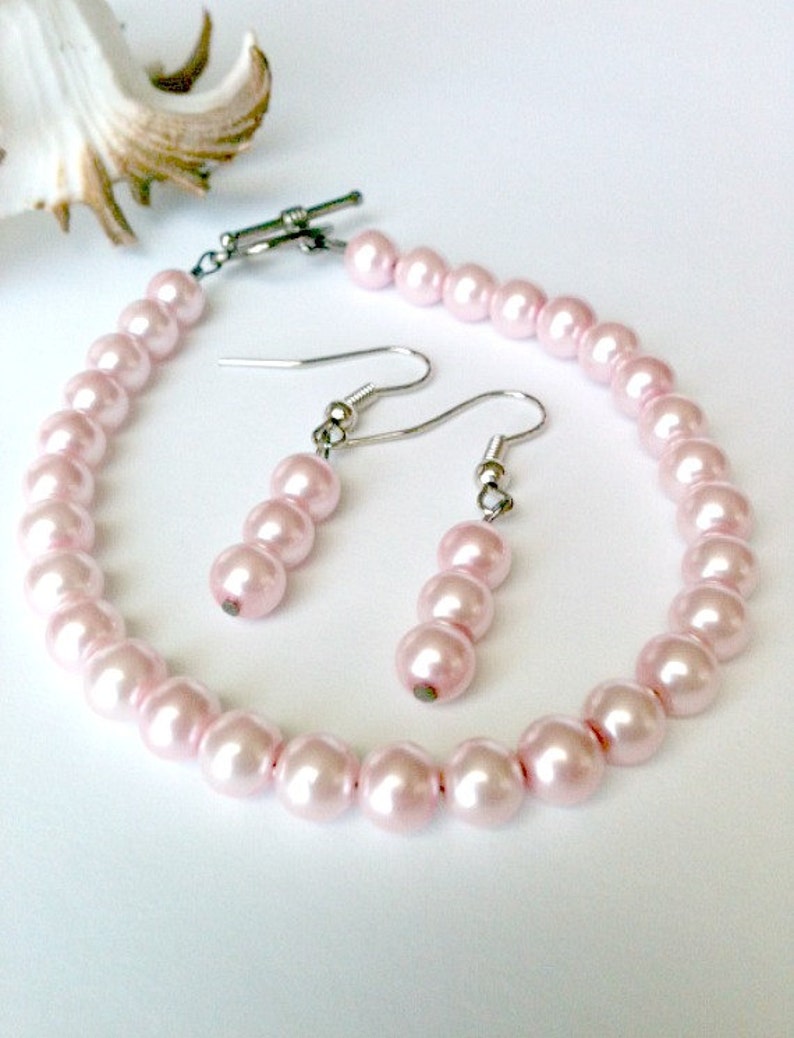 Pink Pearl Bracelet and Earring Set Handmade, Gift for Her image 2