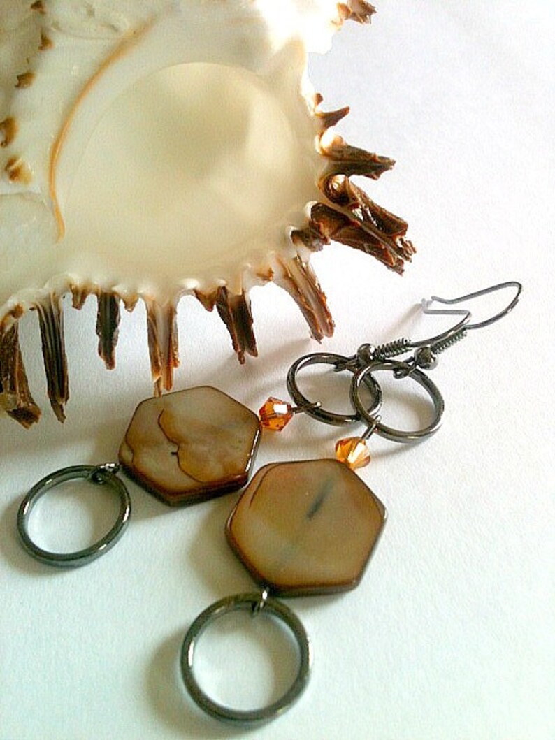 Brown Dangle Earrings With Silver Ring and Orange Swarovski Etsy