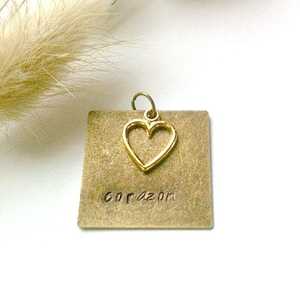 Metal Stamped Bronze Pendant with Gold Heart Charm, Hand-Stamped Pendant, &quot;Corazon&quot; (&quot;Heart&quot;)
