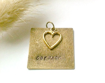 Metal Stamped Bronze Pendant With Gold Heart Charm, Handmade Pendant, "Corazon" (spanish for Heart)