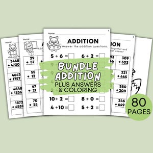 Bundle Addition Math Worksheets for Kindergarten, 1st 2nd 3rd 4th 5th 6th 7th grade Math, Fill in the Blanks Worksheets,Answer Keys Included