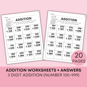 20 hojas de trabajo de suma de matemáticas imprimibles para 4.º, 5.º, 6.º y 7.º grado, hojas de trabajo para completar espacios en blanco, tres dígitos, claves de respuestas incluidas