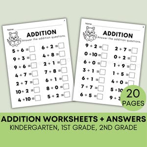 20 Printable Math Addition Worksheets for Kindergarten, 1st Grade, 2nd Grade Math, Fill in the Blanks Worksheets, Answer Keys Included