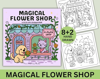 Flower Shop Malbuch, Katze und Goldendoodle, handgezeichnet (Digitaler Download PDF)