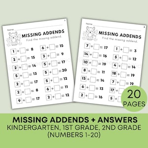 20 Printable Missing Addends Math Worksheets for Kindergarten, 1st Grade, 2nd Grade Math, Practice Worksheet, Answer Keys Included