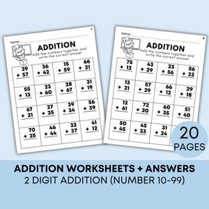 20 Printable Two Digit Math Addition Worksheets for 2nd 3rd grade Math, Fill in the Blanks Worksheets, Answer Keys Included