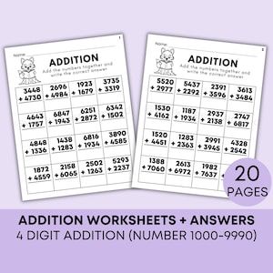 20 hojas de trabajo de suma de matemáticas imprimibles para 4.º, 5.º, 6.º y 7.º grado, hojas de trabajo para completar espacios en blanco, cuatro dígitos, claves de respuestas incluidas