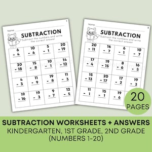 20 Printable Math Subtraction Worksheets for Kindergarten, 1st Grade, 2nd Grade Math, Fill in the Blanks Worksheets, Answer Keys Included