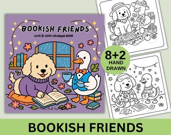 Bookish Friends Malvorlagen für Erwachsene und Kinder, Malbuch zum Ausdrucken, gemütliche Freunde, süße Gans zum Ausmalen, Geschenk für Buchliebhaber, digitales PDF