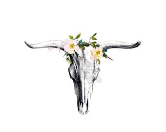 COW SKULL Set of 2 Temporary Tattoos / Cattle Skull Tattoo Sticker / Floral Botanical Tattoo / Anatomy Scientific illustration